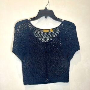 Caslon Sheer Black Crochet Blouse. Romantic lay style cropped top with bottons.